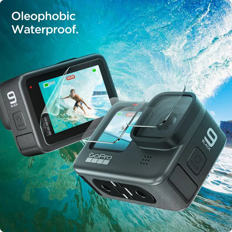 Spigen Glas.TR Slim + plėvelė, 2 vnt. – stiklo ir plėvelės rinkinys, skirtas GoPro Hero 12 / 11 / 10 / 9 (2 komplektai)