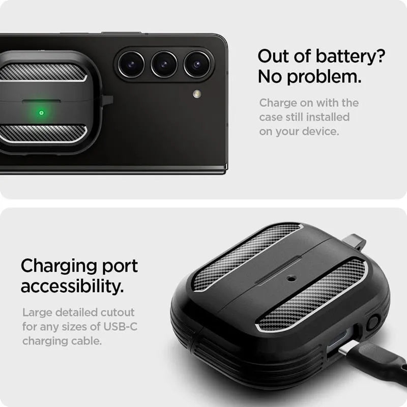 Spigen Rugged Armor dėklas, skirtas Samsung Galaxy Buds 3 / 3 FE / 3 Pro (Matinė juoda)
