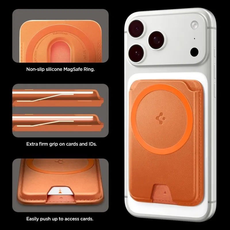 Spigen Valentinus MagFit + MagSafe – magnetinė piniginė (metalinė oranžinė)