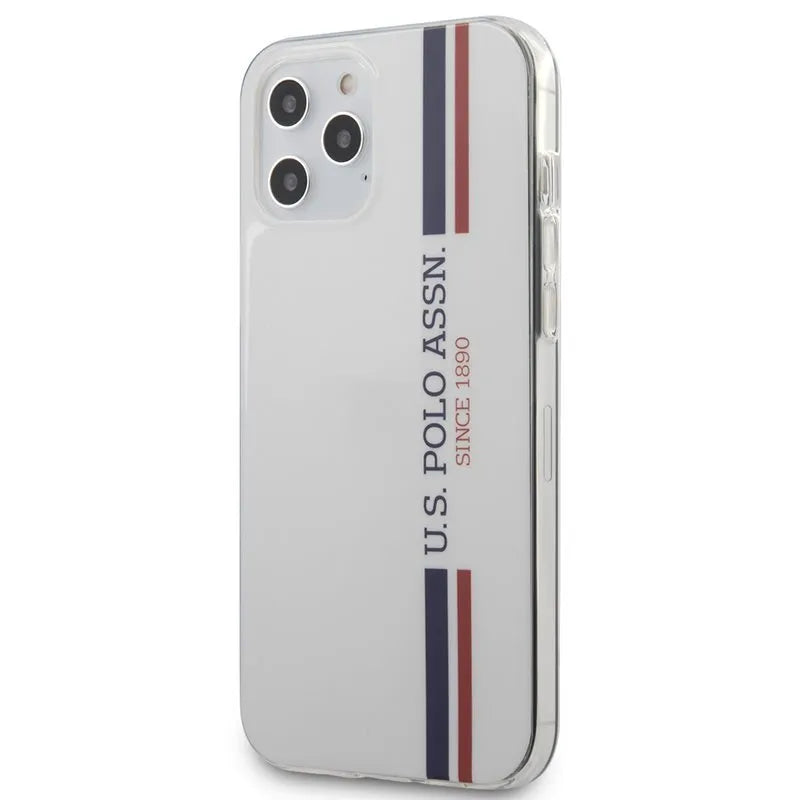 US Polo Assn Blizgios Trispalvės Juostos – dėklas, skirtas iPhone 12 Pro Max (baltas)