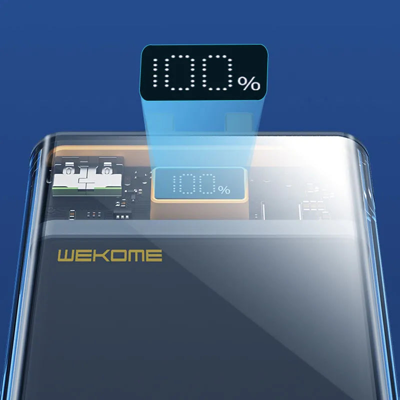 WEKOME WP-325 Vanguard Series – Maitinimo blokas 20000 mAh Super Charging su įmontuotu USB-C ir Lightning PD 20W laidu + QC 22.5W (juoda / permatoma)