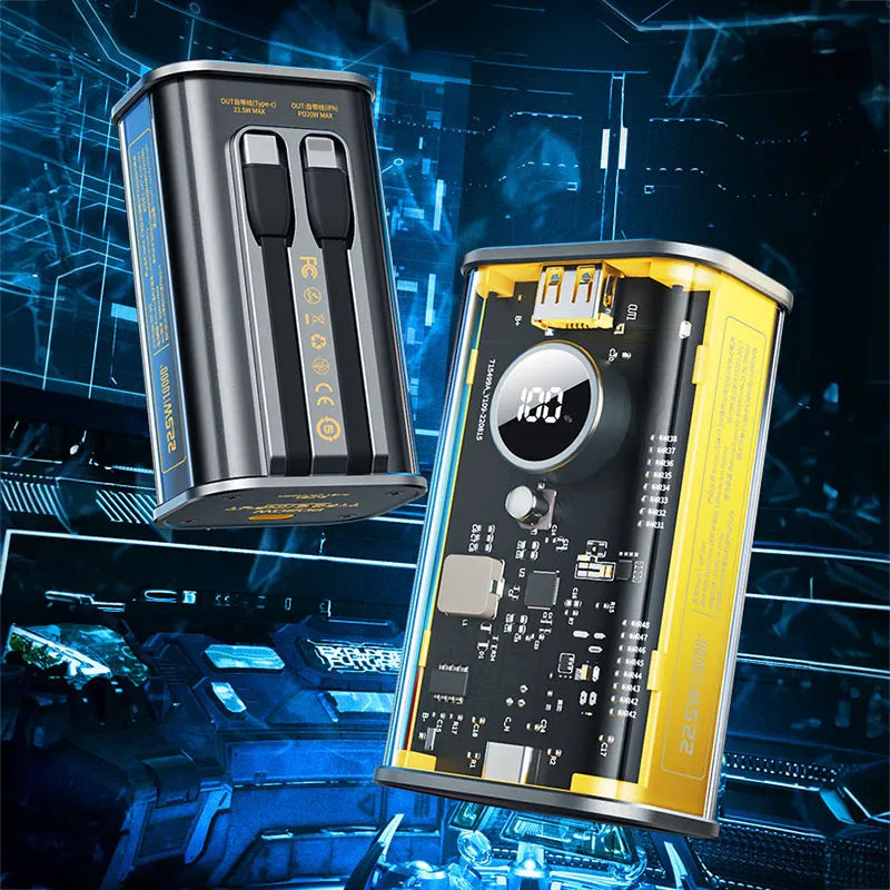 WEKOME WP-345 Vanguard Series – nešiojama baterija 10000 mAh greitasis įkrovimas su įmontuotu USB-C ir Lightning PD 20W kabeliu + QC 22.5W (juoda)