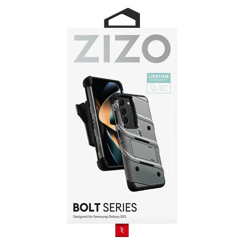 ZIZO BOLT serija – šarvuotas dėklas Samsung Galaxy S23 su 9H stiklu ekranui + laikiklis su stovu (pilka)