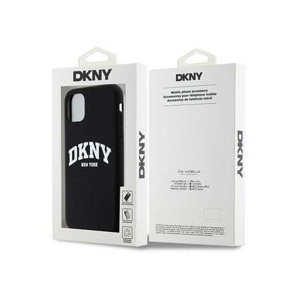 DKNY Skysto silikono dėklas su baltu logotipu, MagSafe, skirtas iPhone 11 (juodas)