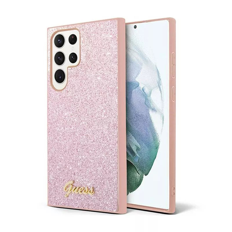 Guess Blizgučių dalelių metalinio logotipo dėklas, skirtas Samsung Galaxy S24 Ultra (rožinis)