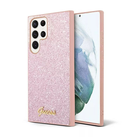 Guess Blizgučių dalelių metalinio logotipo dėklas, skirtas Samsung Galaxy S24 Ultra (rožinis)