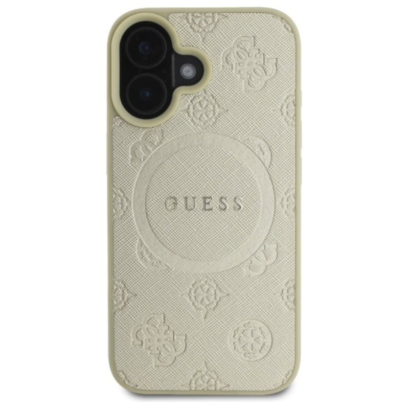 Guess Saffiano Peony Classic Logo MagSafe - dėklas skirtas iPhone 16 (auksinis)