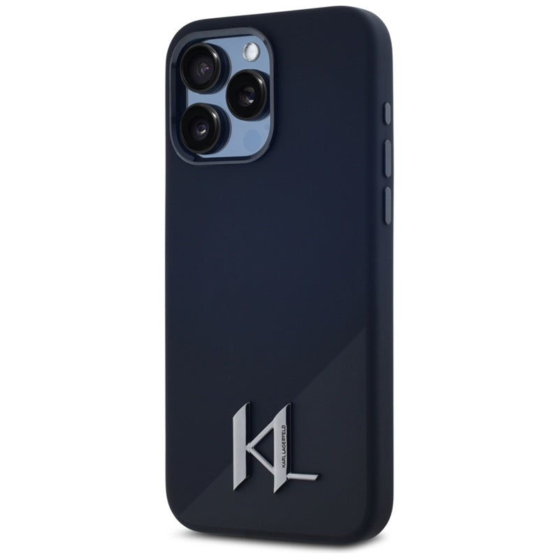 Karl Lagerfeld Silikoninis MagSafe Dėklas su metalo inicialu "Shadow" – skirtas iPhone 15 Pro (juodas)