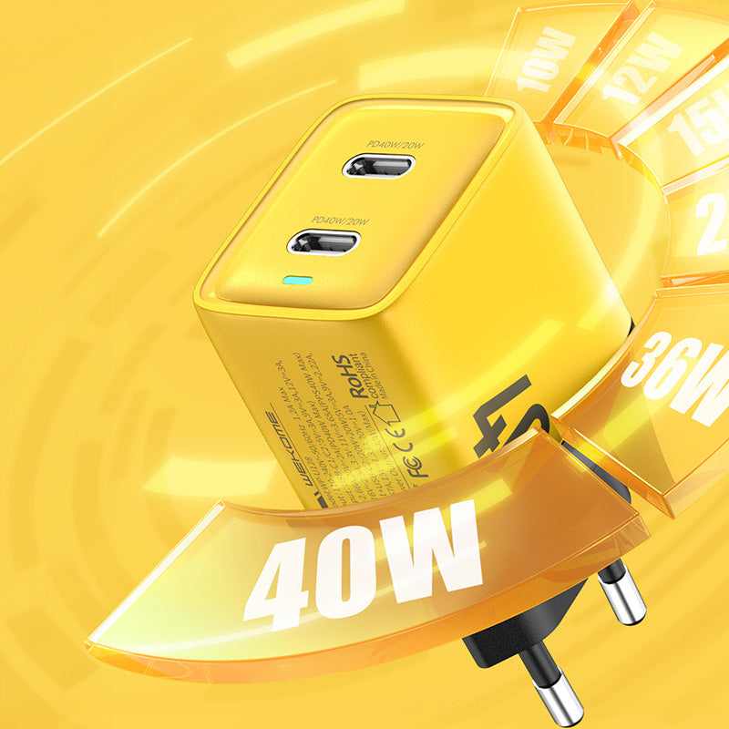 WEKOME WP-U128 – 2x USB-C „Super Fast Charge GaN“ 40W tinklo įkroviklis (geltonas)