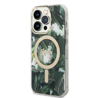 Guess Bundle Pack MagSafe IML Jungle – Apsauginis dėklas iPhone 14 Pro Max + MagSafe įkroviklis (Chaki/Auksinis)