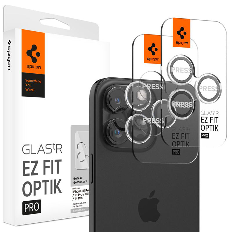 Spigen Optik Pro GLAS.TR EZ Fit kameros apsauga 2 vnt. - objektyvo apsauginis stiklas, skirtas iPhone 16 Pro / 16 Pro Max / 15 Pro / 15 Pro Max / 14 Pro / 14 Pro Max (2 vnt.)