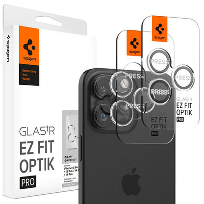 Spigen Optik Pro GLAS.TR EZ Fit kameros apsauga 2 vnt. - objektyvo apsauginis stiklas, skirtas iPhone 16 Pro / 16 Pro Max / 15 Pro / 15 Pro Max / 14 Pro / 14 Pro Max (2 vnt.)