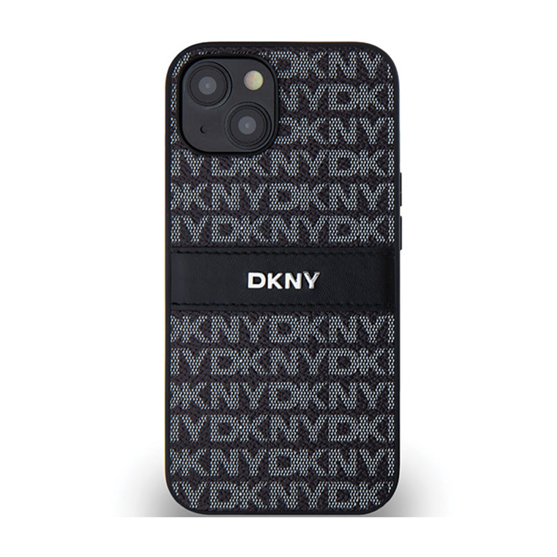 DKNY Leather Mono Stripe & Metal Logo - dėklas iPhone 15 / 14 / 13 (juodas)
