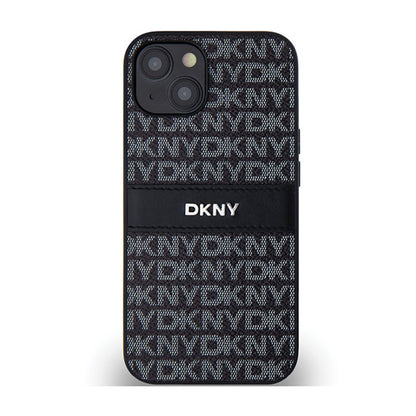 DKNY Leather Mono Stripe & Metal Logo - dėklas iPhone 15 / 14 / 13 (juodas)