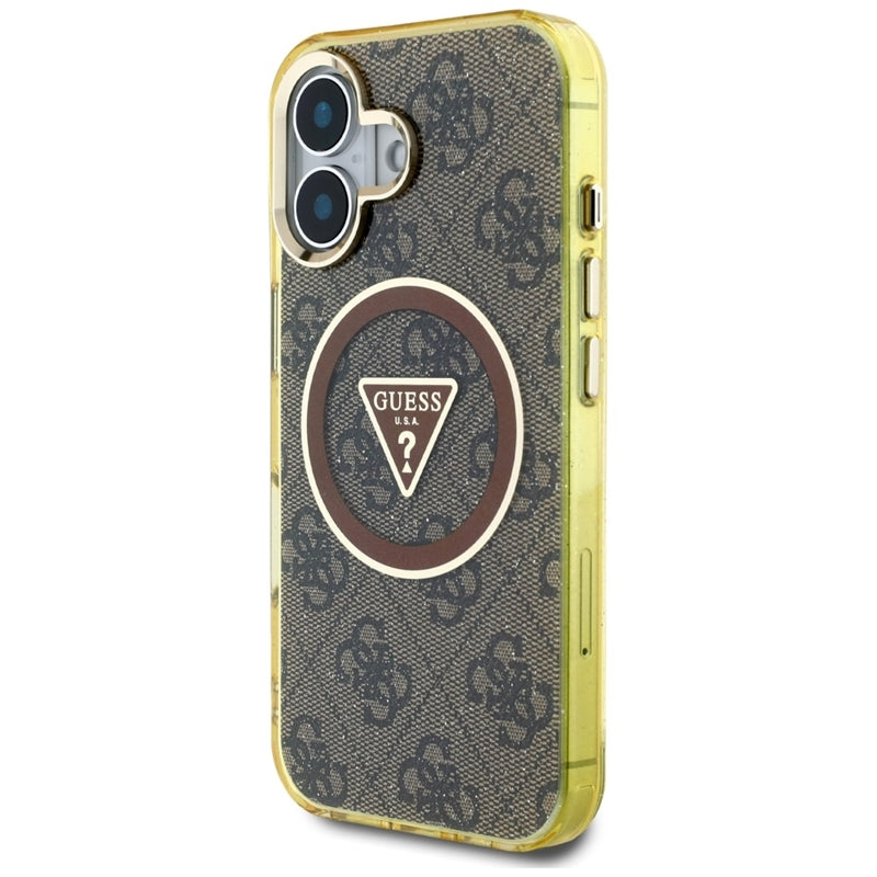 Guess IML Metal Glitter 4G Circle Triangle MagSafe – dėklas, skirtas „iPhone 16“ (rudos spalvos)
