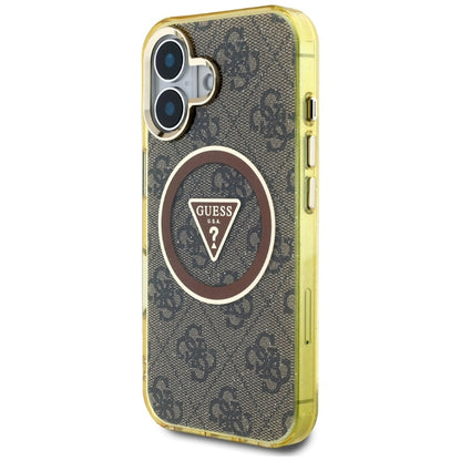 Guess IML Metal Glitter 4G Circle Triangle MagSafe – dėklas, skirtas „iPhone 16“ (rudos spalvos)