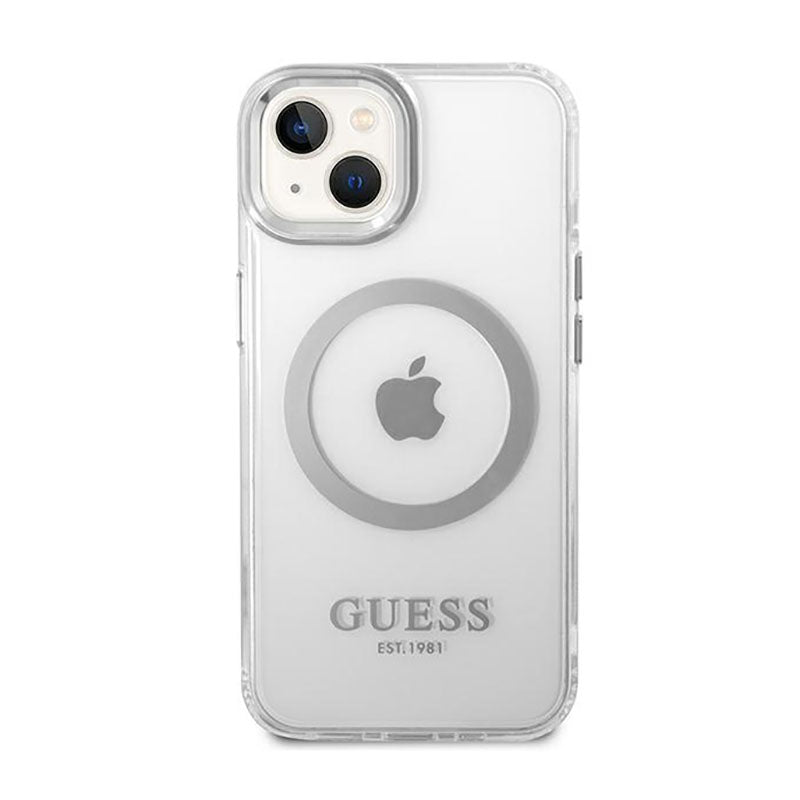 Guess Metal Outline MagSafe – dėklas, skirtas iPhone 14 (skaidrus)
