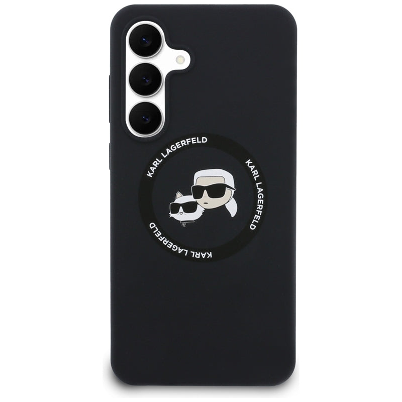 Karl Lagerfeld Silikoninis Karl & Choupette Galvutės MagSafe – Dėklas Samsung Galaxy S25 FE (juodas)