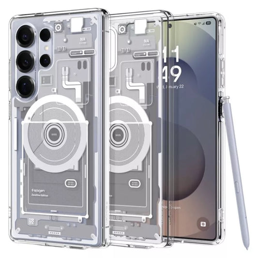 Spigen Ultra Hybrid Mag MagSafe – dėklas, skirtas Samsung Galaxy S25 Ultra (Zero One White)