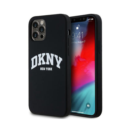 DKNY skystas silikonas su baltu atspausdintu logotipu MagSafe – dėklas skirtas iPhone 12 / iPhone 12 Pro (juodas)