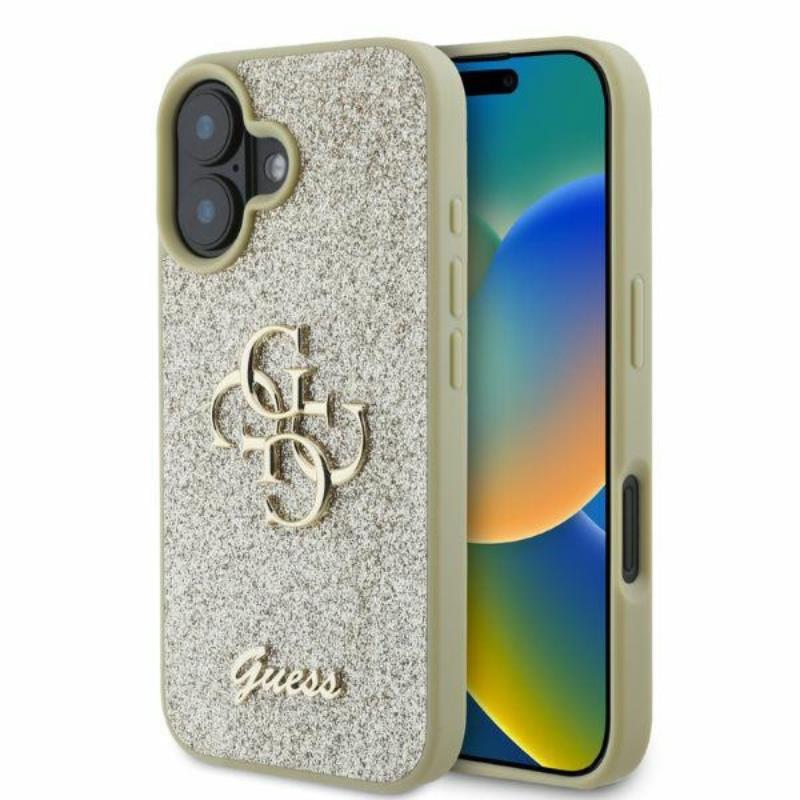 Guess Fixed Glitter Big 4G – dėklas iPhone 16 (auksinis)
