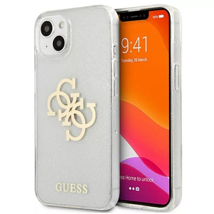 Guess Blizgučių 4G Dvigubo Logotipo dėklas iPhone 13 mini (Skaidrus)