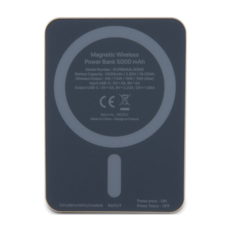 Guess Metal Script Logo MagSafe – indukcinis 5000 mAh 15W MagSafe maitinimo bankas (auksinis)