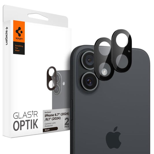Spigen Optik GLAS.TR kameros apsauga (2 vnt.) – objektyvo apsauga, skirta iPhone 16 / 16 Plus (juoda)