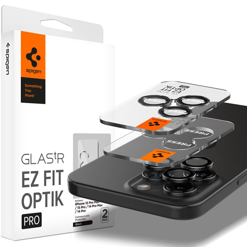 Spigen Optik Pro GLAS.TR EZ Fit kameros apsauga 2 vnt. - objektyvo apsauginis stiklas, skirtas iPhone 16 Pro / 16 Pro Max / 15 Pro / 15 Pro Max / 14 Pro / 14 Pro Max (2 vnt.)