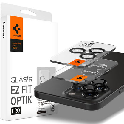 Spigen Optik Pro GLAS.TR EZ Fit kameros apsauga 2 vnt. - objektyvo apsauginis stiklas, skirtas iPhone 16 Pro / 16 Pro Max / 15 Pro / 15 Pro Max / 14 Pro / 14 Pro Max (2 vnt.)