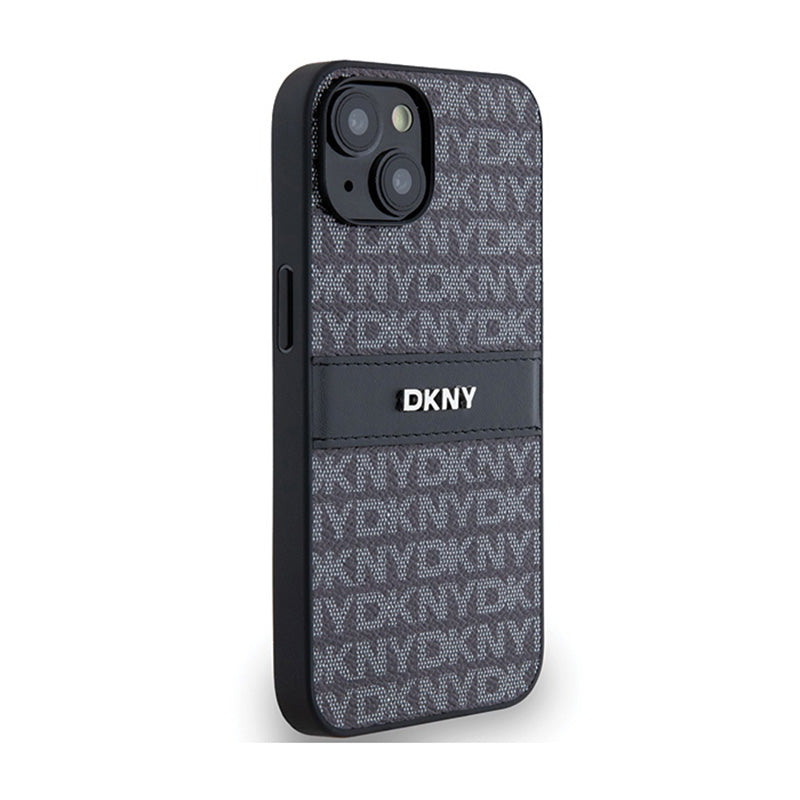 DKNY Leather Mono Stripe & Metal Logo - dėklas iPhone 15 / 14 / 13 (juodas)