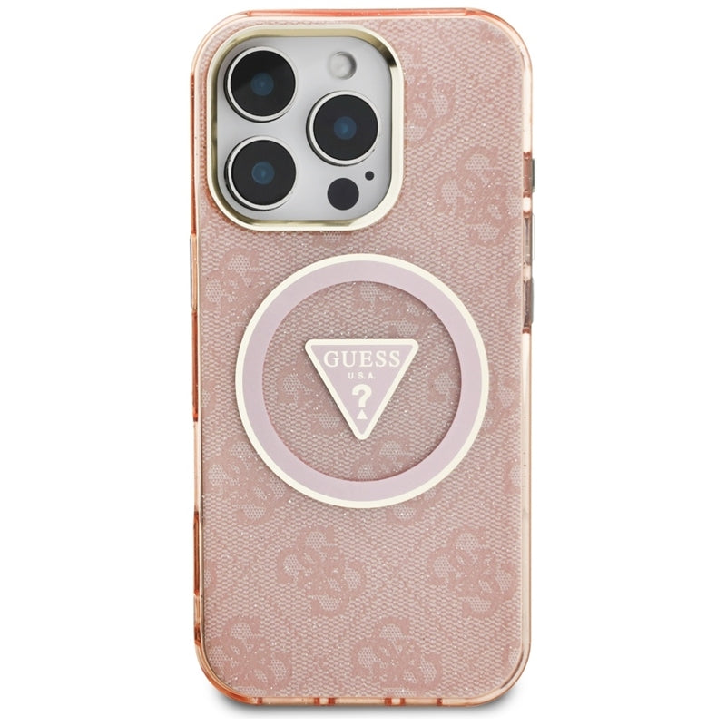 Guess IML Metal Glitter 4G apskritimas trikampis MagSafe – dėklas skirtas iPhone 16 Pro (rožinis)