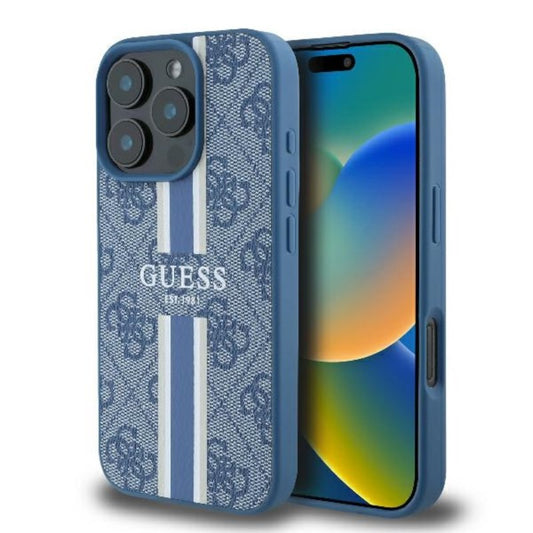 Guess 4G Printed Stripes MagSafe – dėklas iPhone 16 Pro (mėlynas)
