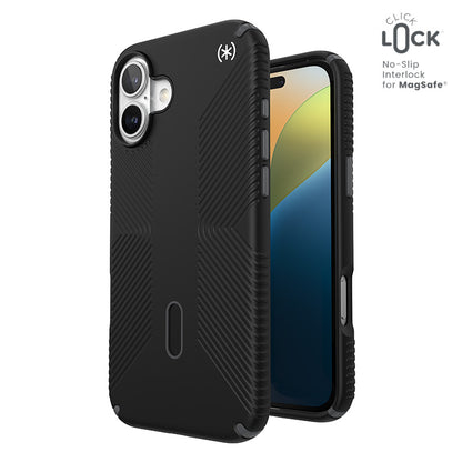 Speck Presidio2 Grip ClickLock & MagSafe – dėklas, skirtas iPhone 16 Plus (Juoda / Skalūno pilka / Balta)