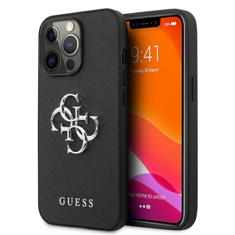 Guess Saffiano 4G Big Silver Logo - dėklas iPhone 13 Pro (juodas)