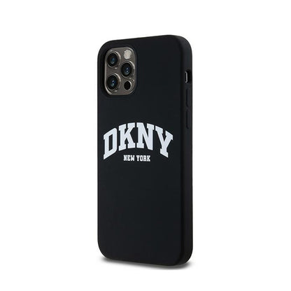 DKNY skystas silikonas su baltu atspausdintu logotipu MagSafe – dėklas skirtas iPhone 12 / iPhone 12 Pro (juodas)
