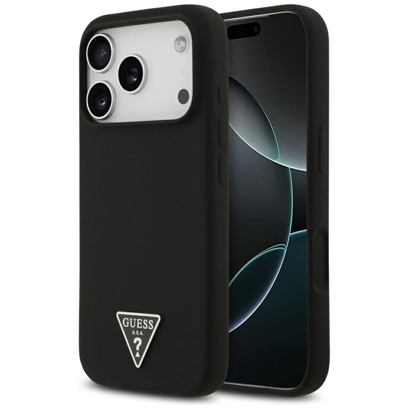 Guess Silikoninis MagSafe dėklas su Trikampio logotipu iPhone 17 Pro Max (juodas)