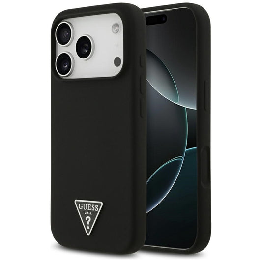 Guess Silikoninis MagSafe dėklas su Trikampio logotipu iPhone 17 Pro Max (juodas)