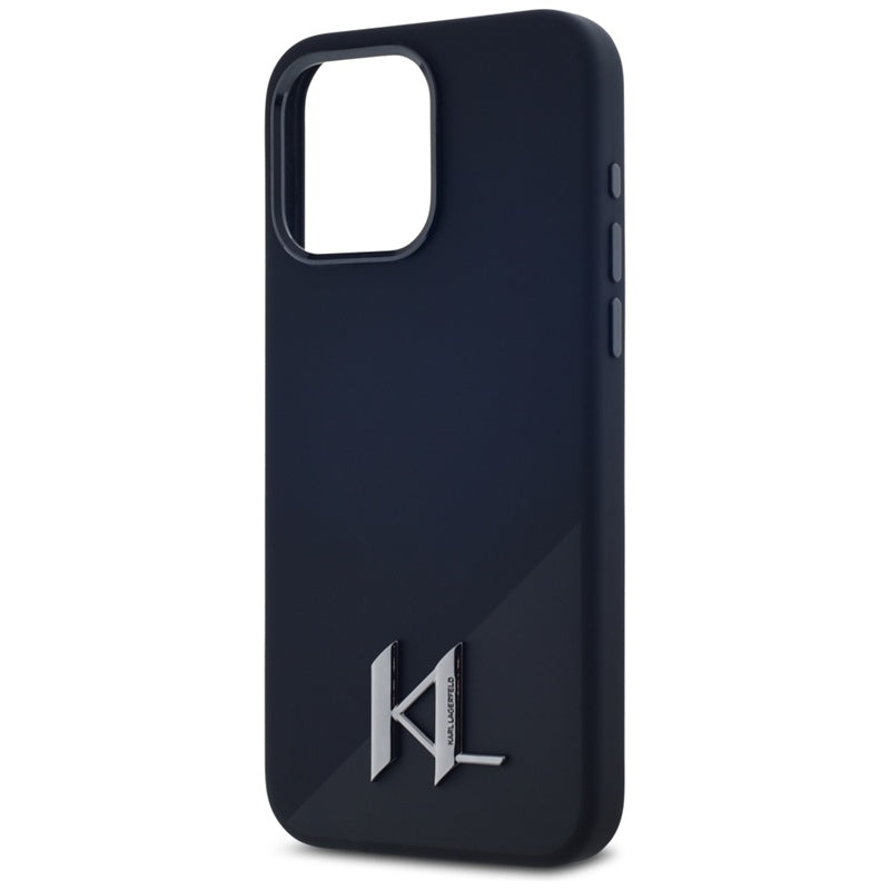 Karl Lagerfeld Silikoninis MagSafe Dėklas su metalo inicialu "Shadow" – skirtas iPhone 15 Pro (juodas)