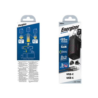 Energizer Ultimate – Multiplug EU / UK / US GaN USB-C & USB-A 65W PD tinklo įkroviklis + USB-C laidas (juodas)