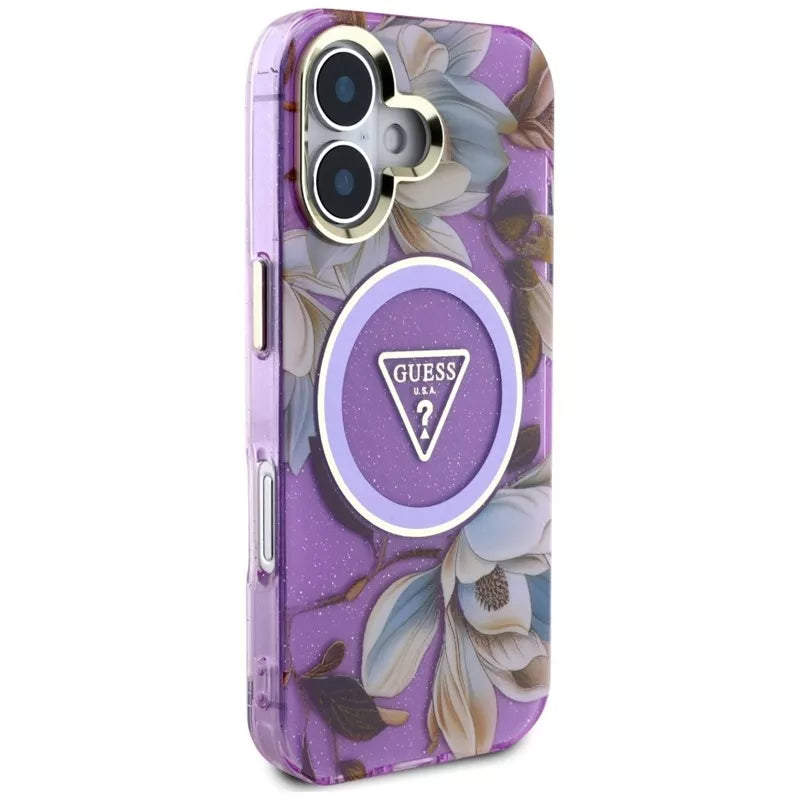 Guess Glitter Flowers Triangle Buttons MagSafe – dėklas, skirtas iPhone 16 (violetinė)