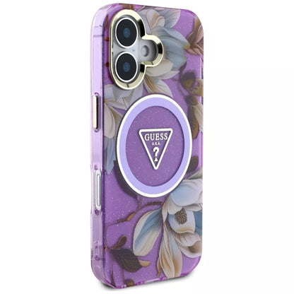 Guess Glitter Flowers Triangle Buttons MagSafe – dėklas, skirtas iPhone 16 (violetinė)