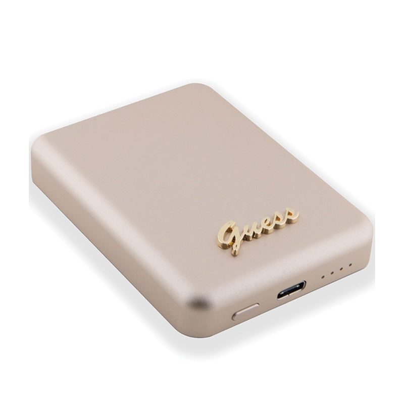 Guess Metal Script Logo MagSafe – indukcinis 5000 mAh 15W MagSafe maitinimo bankas (auksinis)