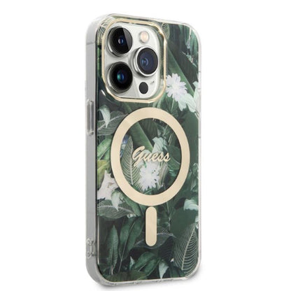 Guess Bundle Pack MagSafe IML Jungle – Apsauginis dėklas iPhone 14 Pro Max + MagSafe įkroviklis (Chaki/Auksinis)