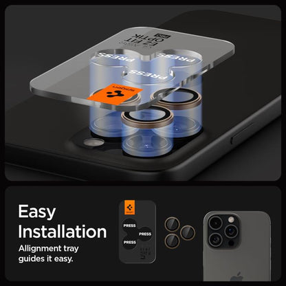 Spigen Optik Pro GLAS.TR EZ Fit objektyvo apsauga, skirta iPhone 16 Pro / 16 Pro Max (2 vnt.) (Desert Titanium)