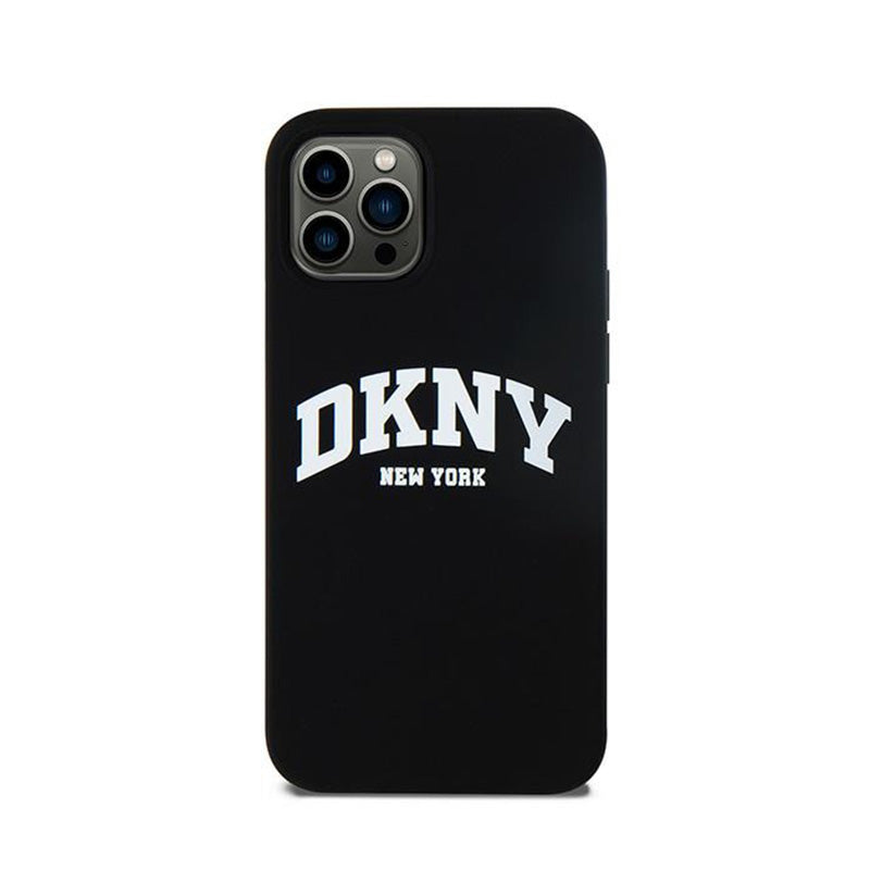 DKNY skystas silikonas su baltu atspausdintu logotipu MagSafe – dėklas skirtas iPhone 12 / iPhone 12 Pro (juodas)