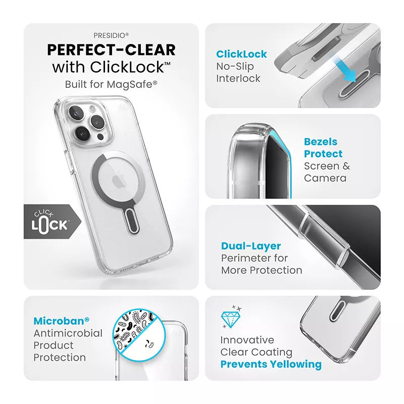 Speck Presidio Perfect-Clear ClickLock & Magsafe – Dėklas skirtas iPhone 15 Pro Max (Skaidrus / Chromo apdaila / Serene Silver)