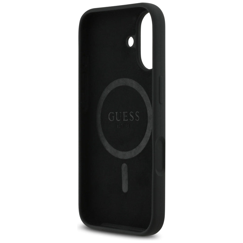 „Guess“ silikoninis trikampio logotipas MagSafe – dėklas iPhone 17 (juodas)