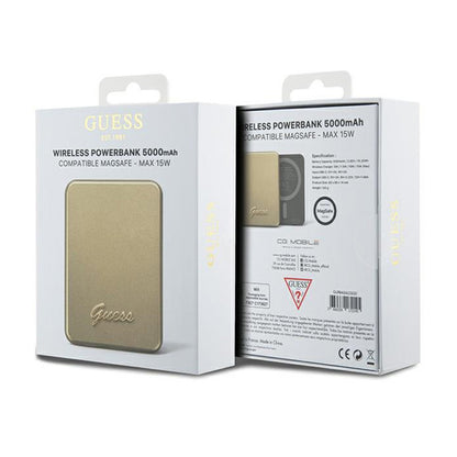 Guess Metal Script Logo MagSafe – indukcinis 5000 mAh 15W MagSafe maitinimo bankas (auksinis)