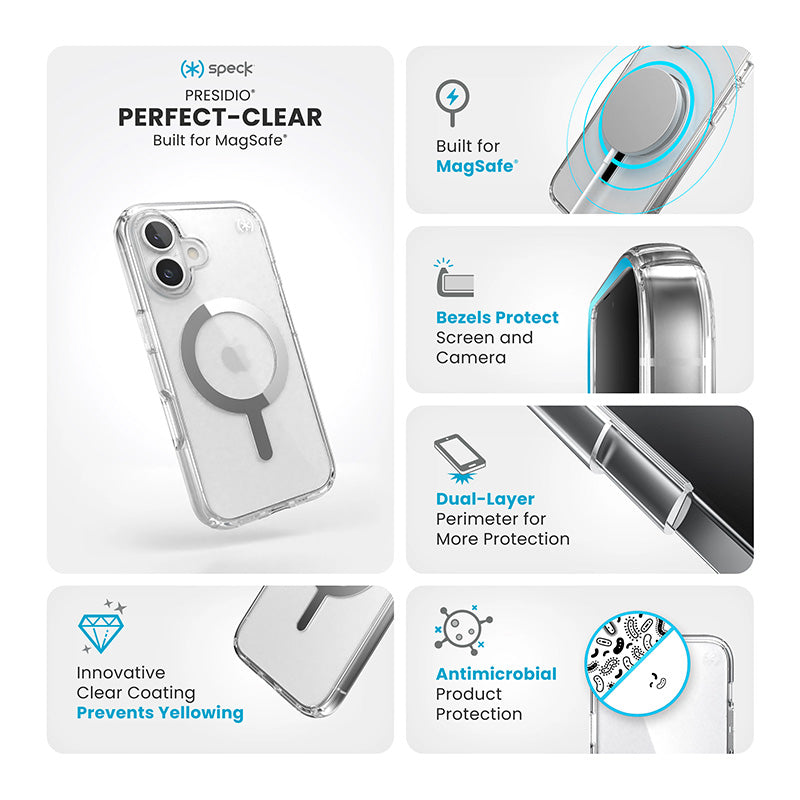 Speck Presidio Perfect-Clear MagSafe – dėklas iPhone 16 (skaidrus / chromo apdaila / ramus sidabras)